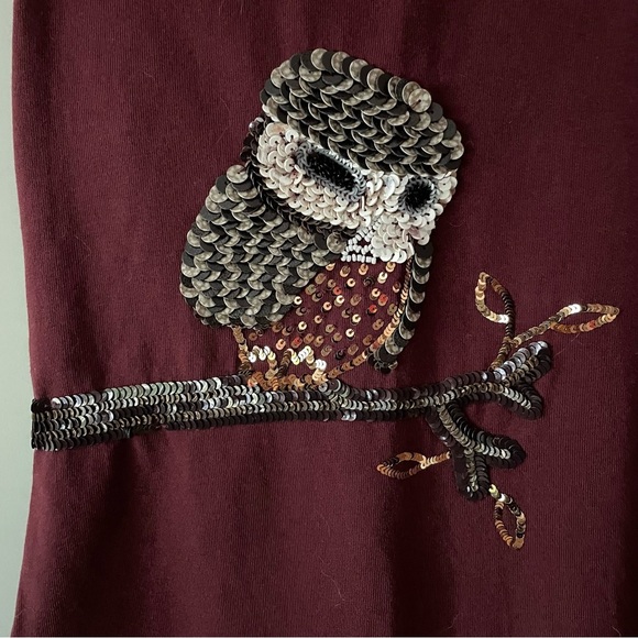 Talbots Burgundy Sequin Owl Top 100% Cotton 3/4 Length Sleeve Size 1X - Picture 5 of 10